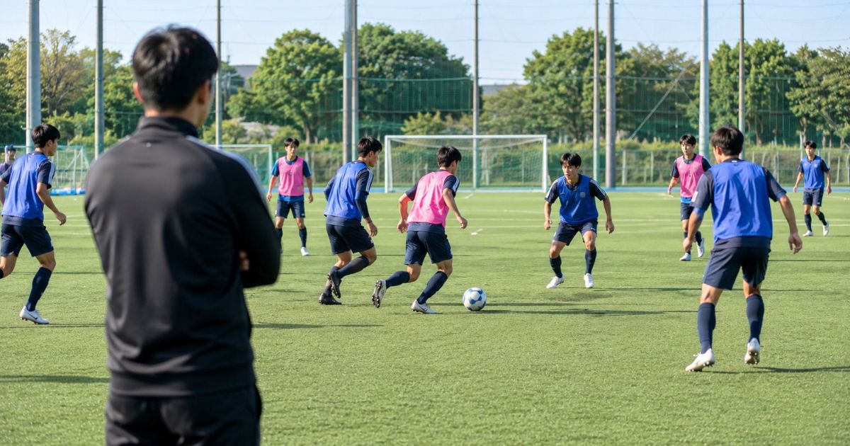 関西学生サッカー3部の大学選手が練習グラウンドでミニゲームを行い、コーチが後ろから見守る様子