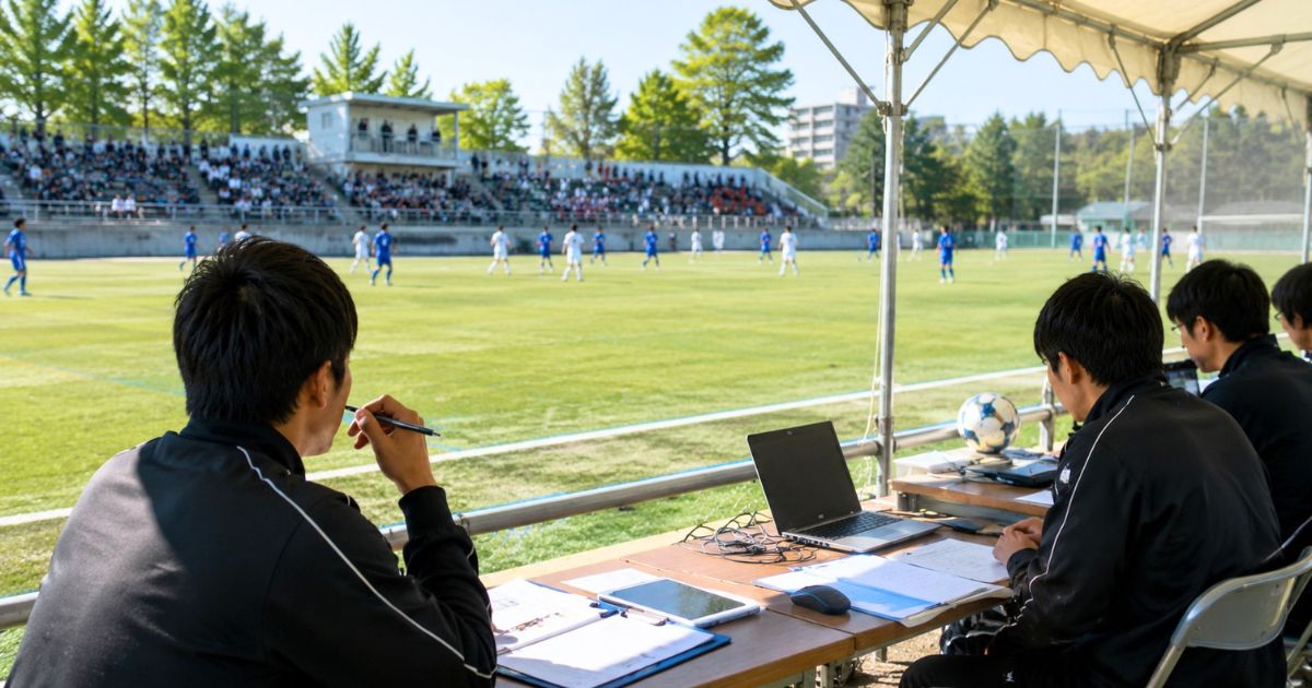関西学生サッカーリーグの公式戦を本部席から確認し、試合運営を行うスタッフの様子