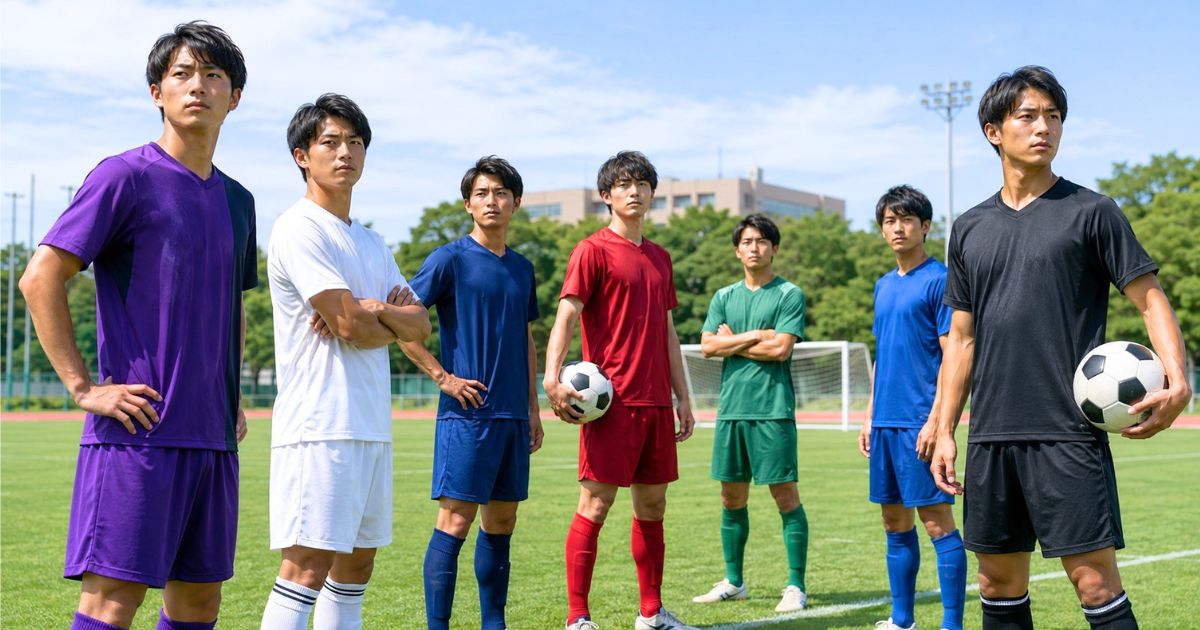 関西学生サッカーリーグをイメージし、サッカーグラウンドを背景に異なる大学のユニフォームを着た選手が並ぶ様子