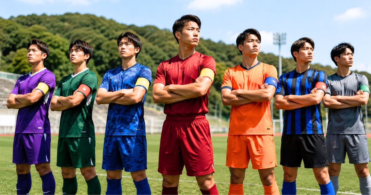 関西学生サッカーリーグの過去3年の勢力図をイメージし、グラウンドを背景に競合大学の主将たちが腕を組んで並ぶ様子