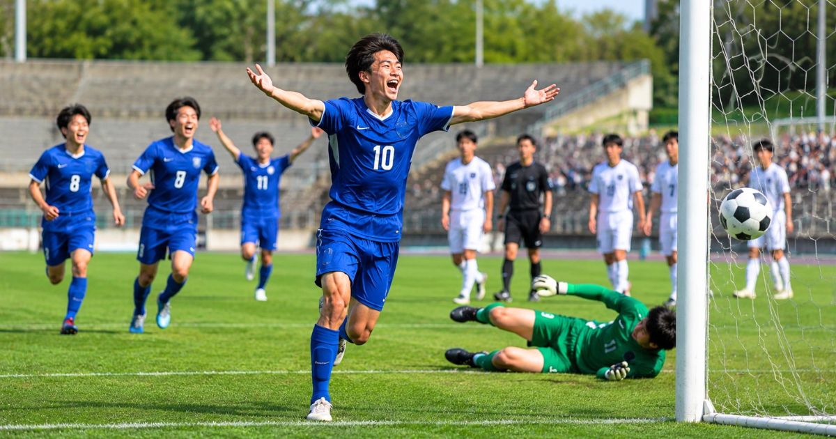 関西学生サッカーリーグのプレーオフで、背番号10の選手がゴールを決めて喜び、相手選手が落胆する様子