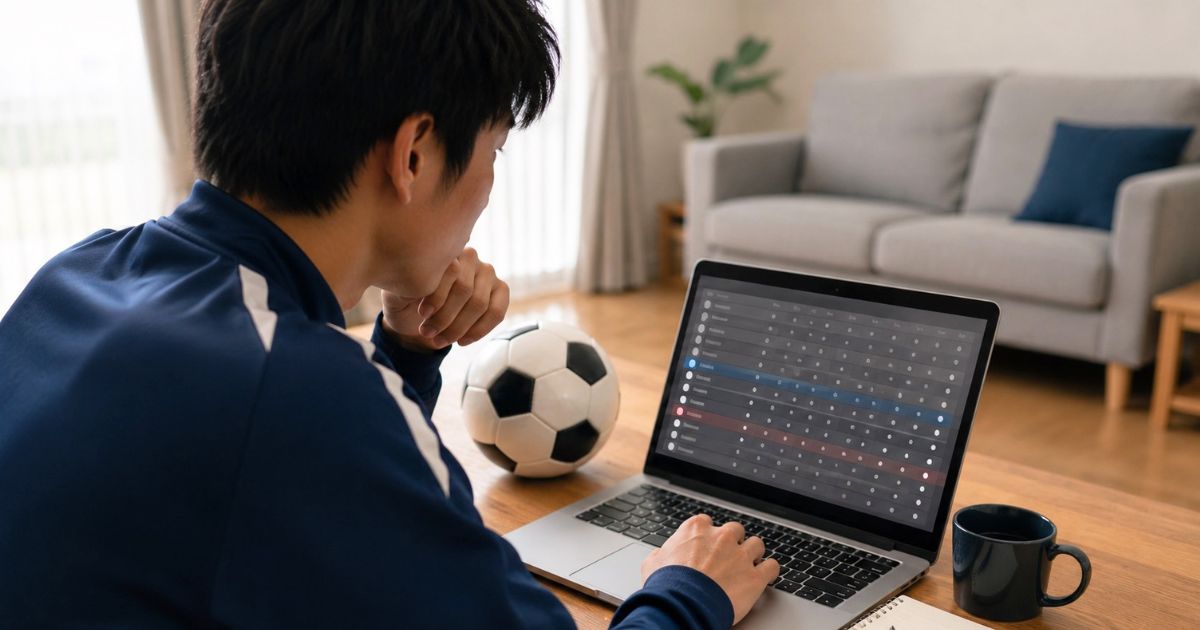 自宅のリビングで、パソコンに表示された関西学生サッカーリーグの順位表を確認する大学サッカー部員