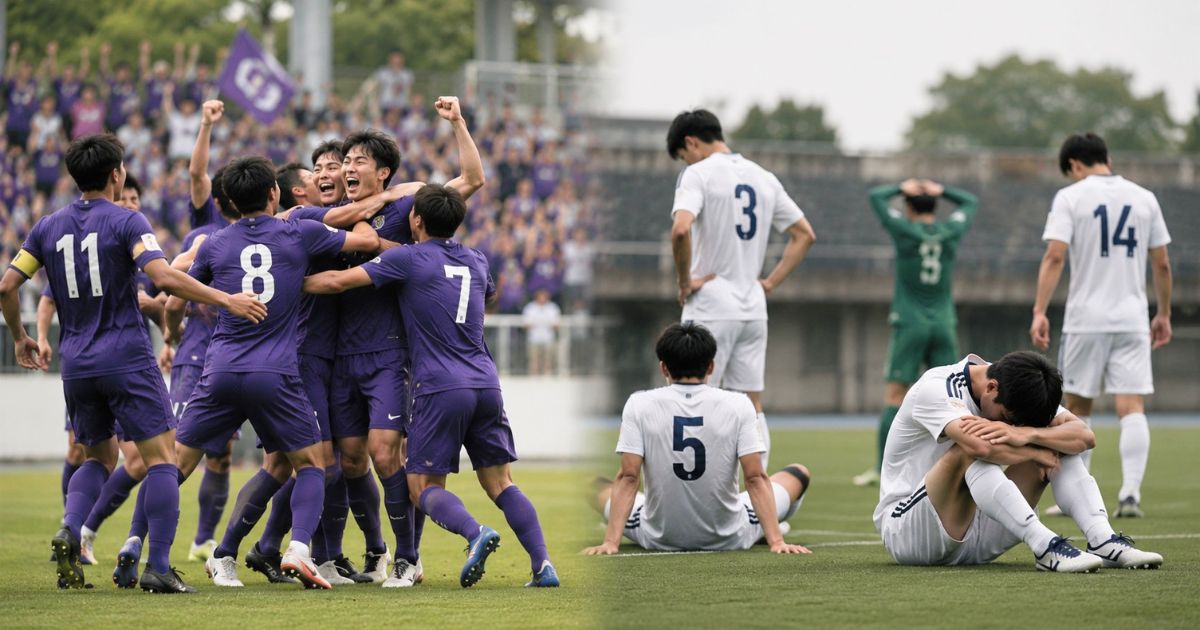 関西学生サッカーリーグで、優勝を喜ぶ日本人大学選手と、残留争いに敗れてピッチで落胆する選手を対比したイメージ