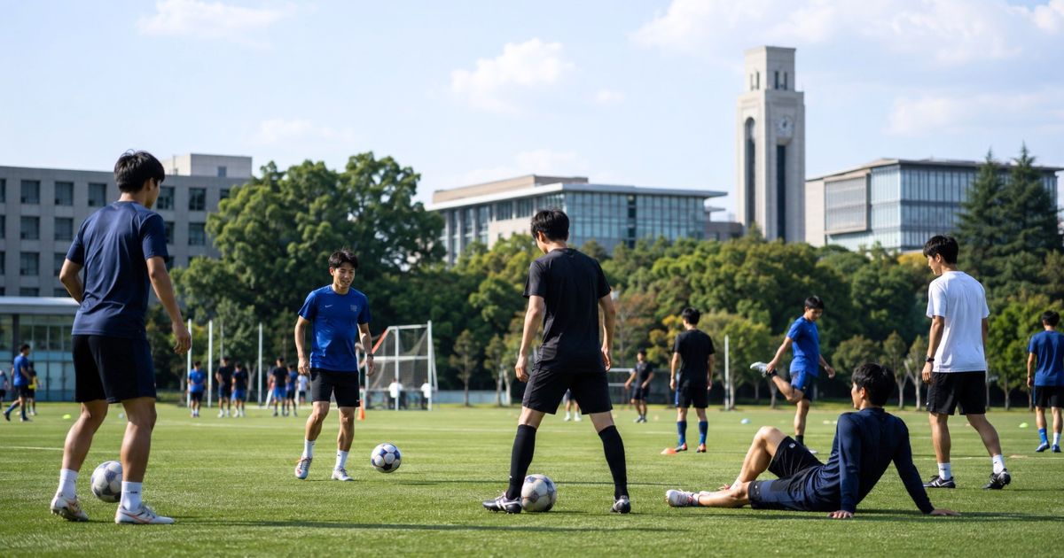 大学の校舎が見える芝生の練習グラウンドで、関東大学サッカーリーグの選手たちがリラックスして調整する様子