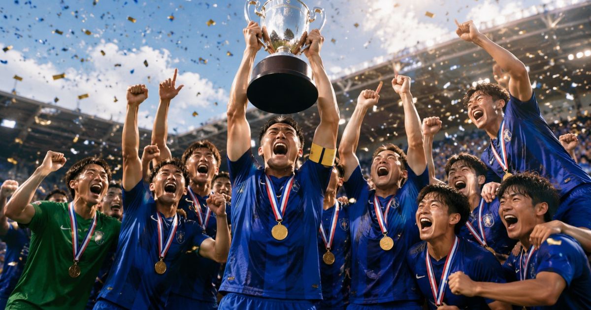 関東大学サッカーリーグ1部の優勝チームが、キャプテンの掲げる優勝カップを囲んで歓喜する様子