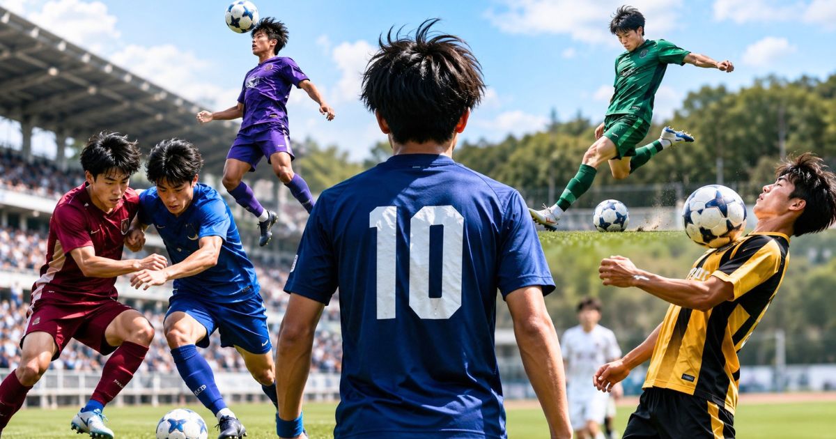 背番号10の選手の後ろ姿を中心に、大学サッカーの選手たちが競り合い、ヘディング、シュート、胸トラップを見せる関東大学サッカーリーグ1部のイメージ