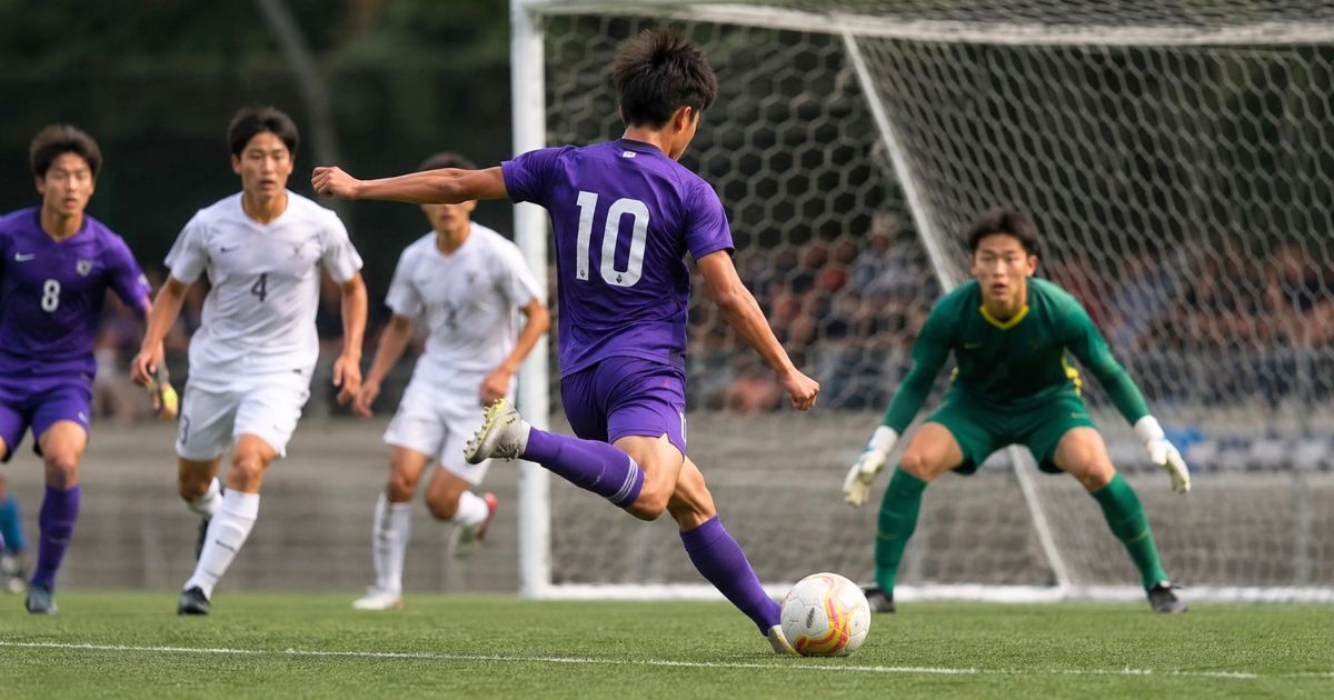 関東大学サッカーリーグ1部の公式戦で、背番号10の選手がゴール前からシュートを放ち、相手GKが構える様子