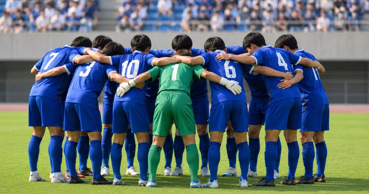 関東大学サッカーリーグ1部の公式戦前、背番号入りユニフォームの選手たちが円陣を組んで気持ちを高める様子
