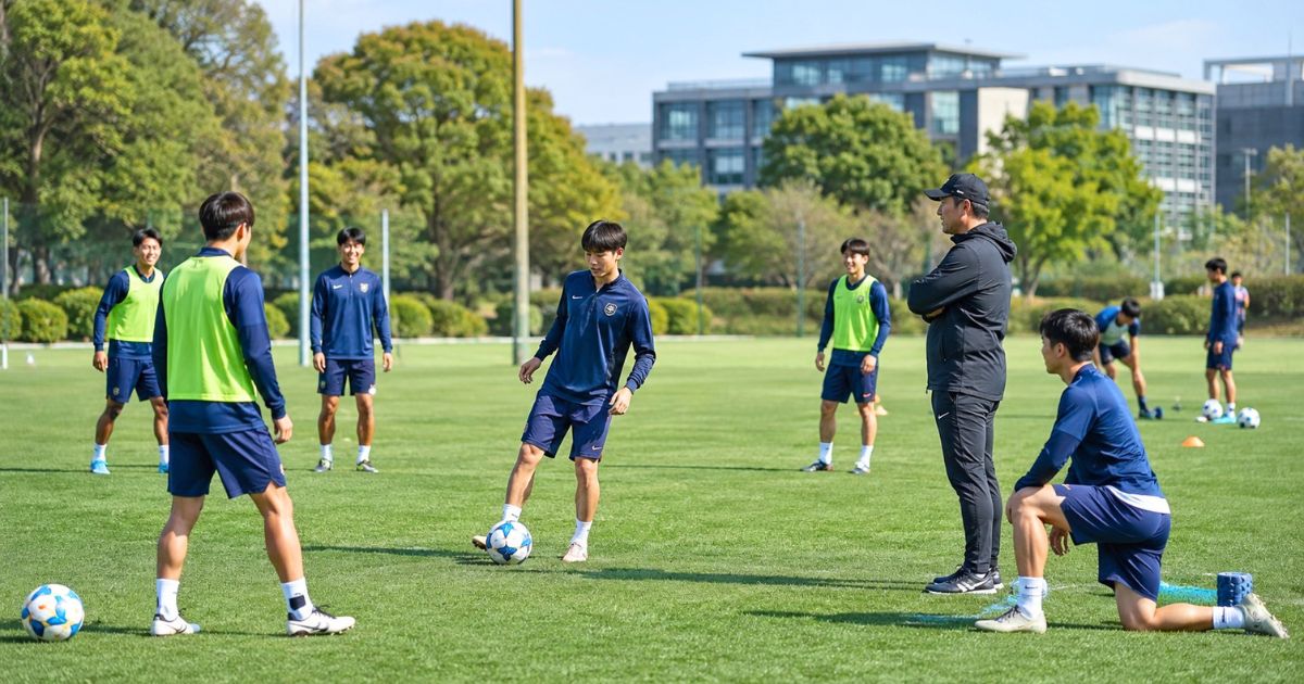 関東大学サッカーリーグ1部の選手たちが芝生の練習場で、コーチに見守られながらリラックスして調整する様子