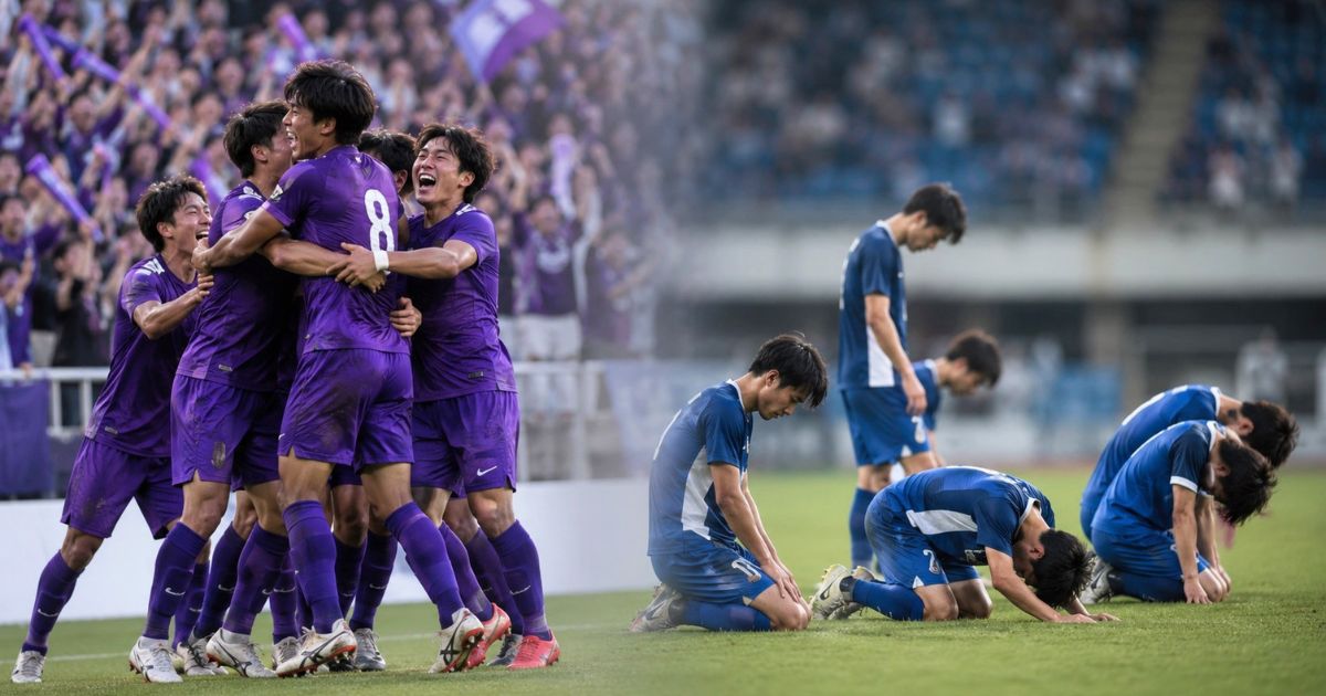 関東大学サッカーリーグで昇格を決めて応援席と喜ぶチームと、降格が決まり芝生にひざまずく選手たちを対比したイメージ