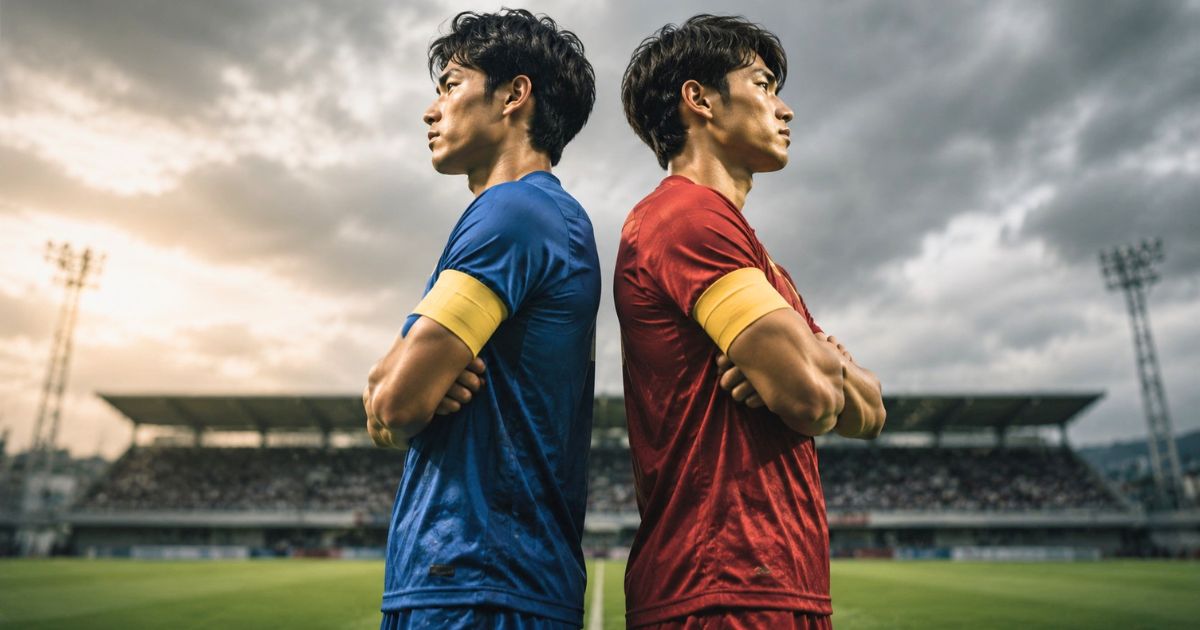 関東大学サッカーリーグ2部の昇格争いを象徴する、異なるユニフォームのキャプテン同士が背中合わせで腕を組む様子
