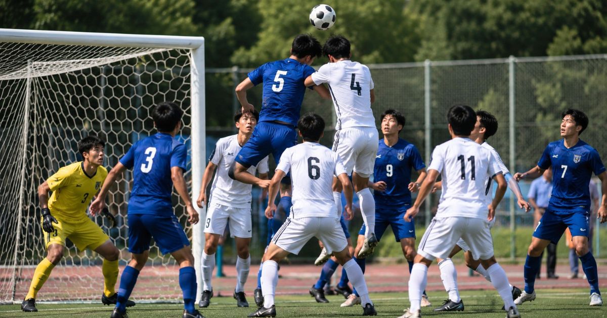 関東大学サッカーリーグ3部の公式戦で、ゴール前の選手たちがヘディングでボールを競り合う空中戦の様子