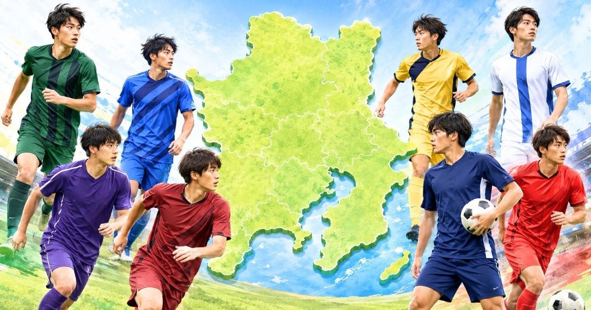 関東エリアの地図を中央に、さまざまな大学のユニフォームを着た選手たちを配置した関東大学サッカーリーグのイメージ