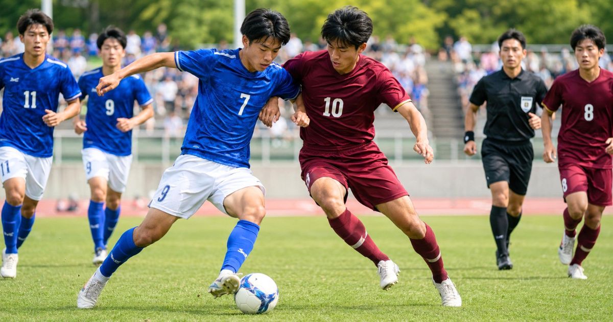 関東大学サッカーリーグの公式戦で選手がボールを競り合い、審判がプレーを見守る様子