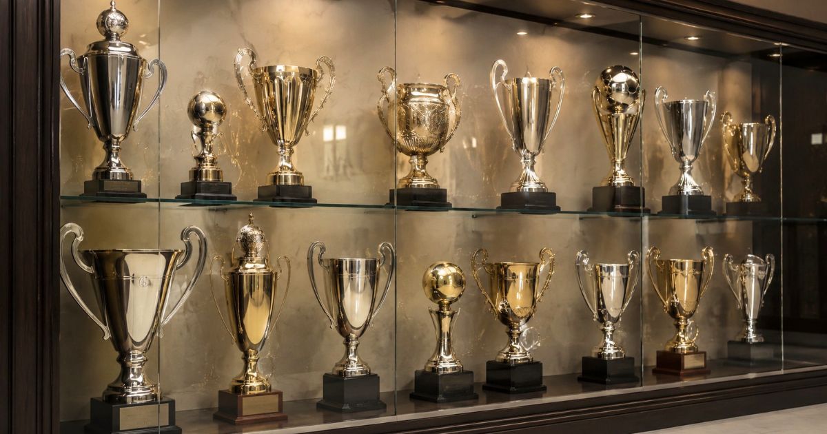 関東大学サッカーリーグの過去3季の上位・優勝大学を象徴する、ショーケースに並ぶ複数のトロフィー