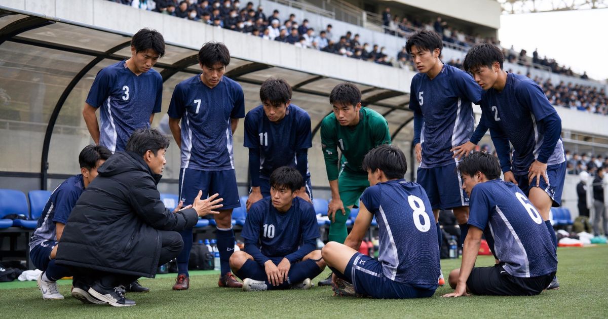関東大学サッカーリーグの昇格プレーオフを前に、ベンチ前で監督の指示を聞く選手たちの様子
