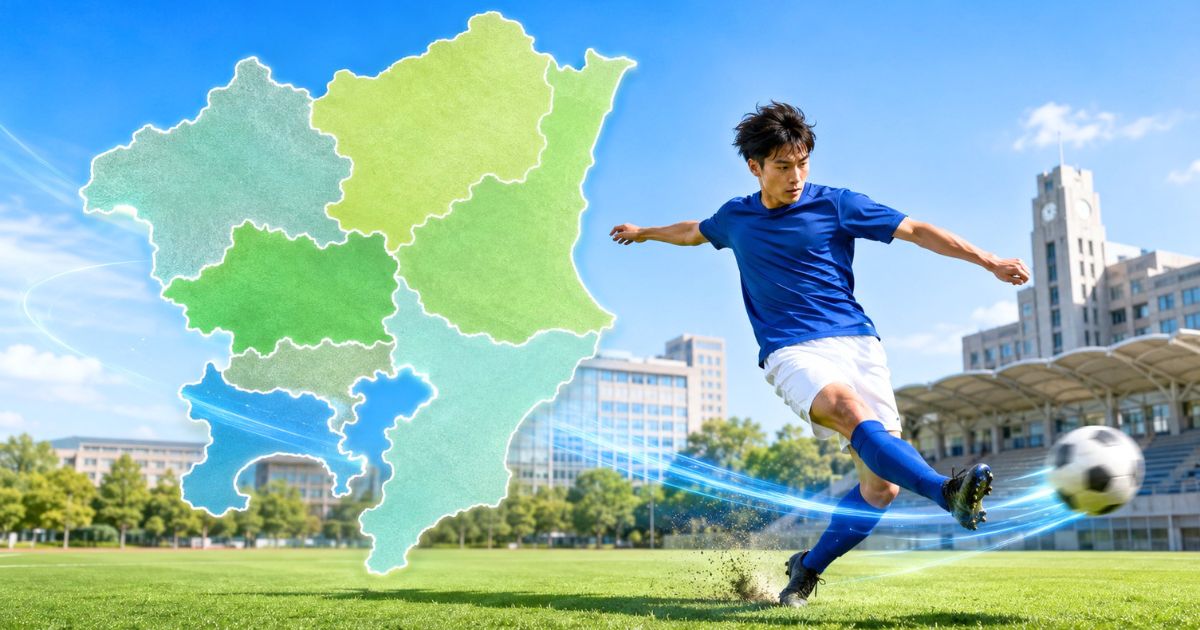 関東地方の地図を背景に、力強くシュートを放つ大学サッカー選手