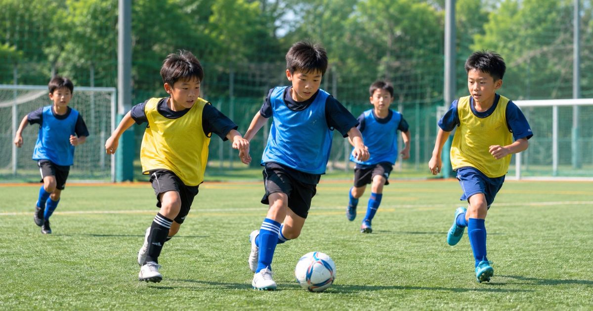 9〜11歳くらいの子どもたちがビブスを着てボールを追いかける少年サッカーのミニゲーム風景