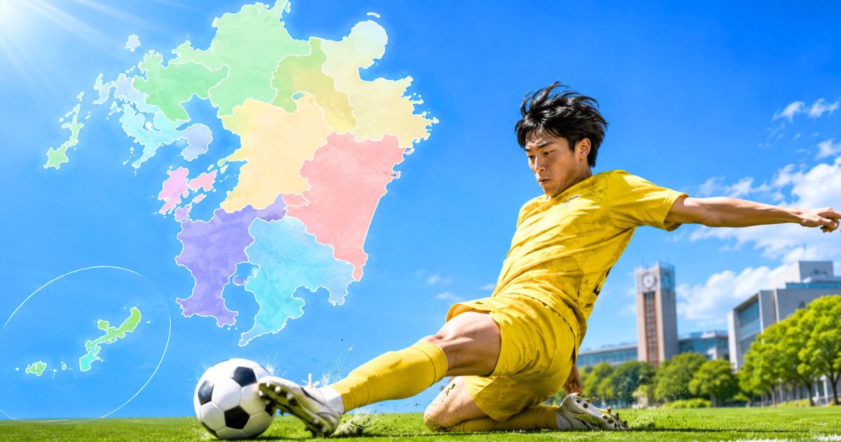 九州・沖縄地方の地図を背景に、スライディングしながらボールを蹴る大学サッカー選手