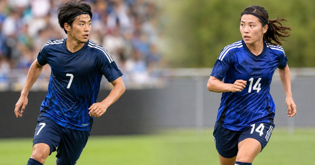 ヘアバンドを着けた男子サッカー選手と女子サッカー選手を、自然にぼかした分割構図で並べたイメージ