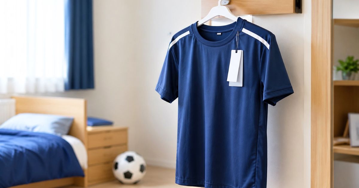 自宅の子ども部屋でハンガーに掛けられた新品の少年サッカー用練習着とハーフパンツ