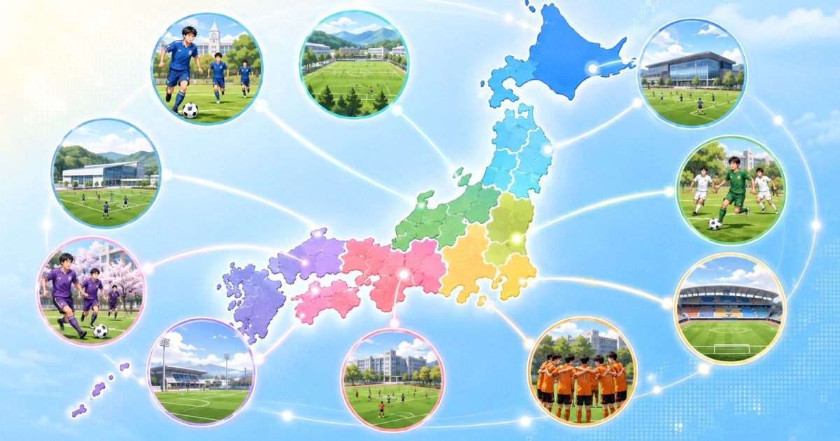 日本地図と各地域の大学サッカー場を結び、全国9地域リーグの構成を示したイメージ
