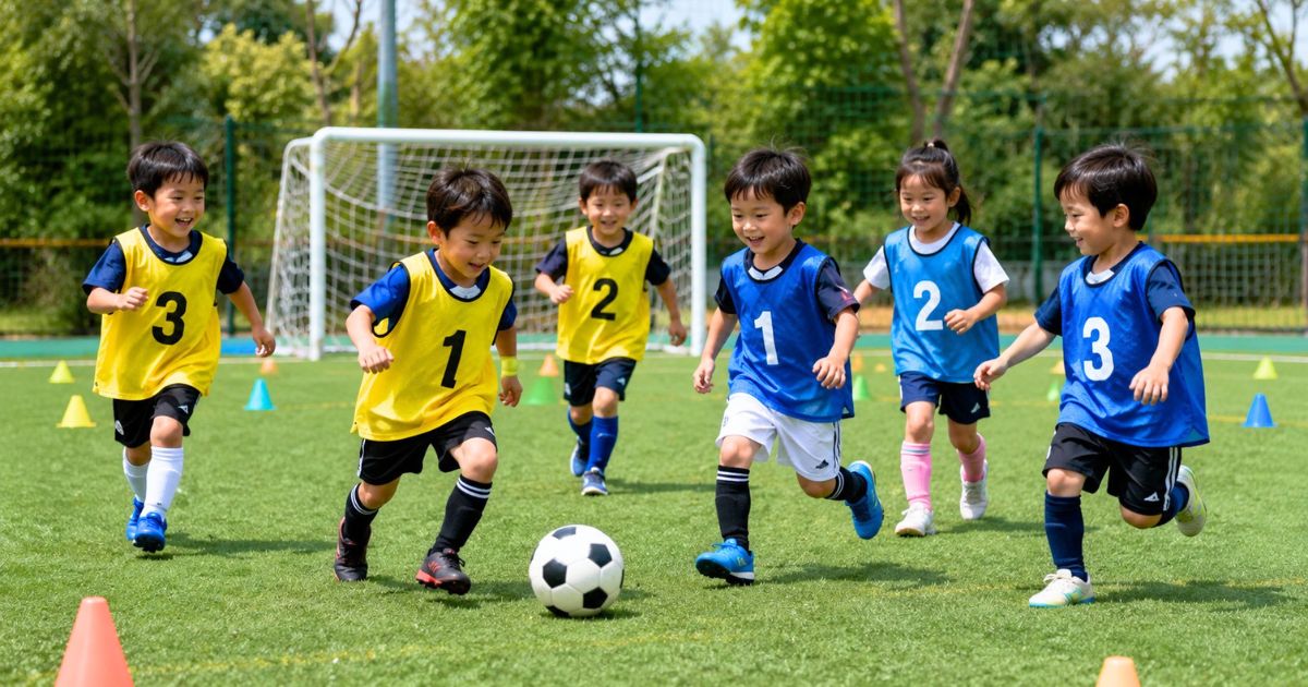 幼児期の子ども6人が2チームに分かれ、3対3でボールを追いかける少年サッカーのミニゲーム風景