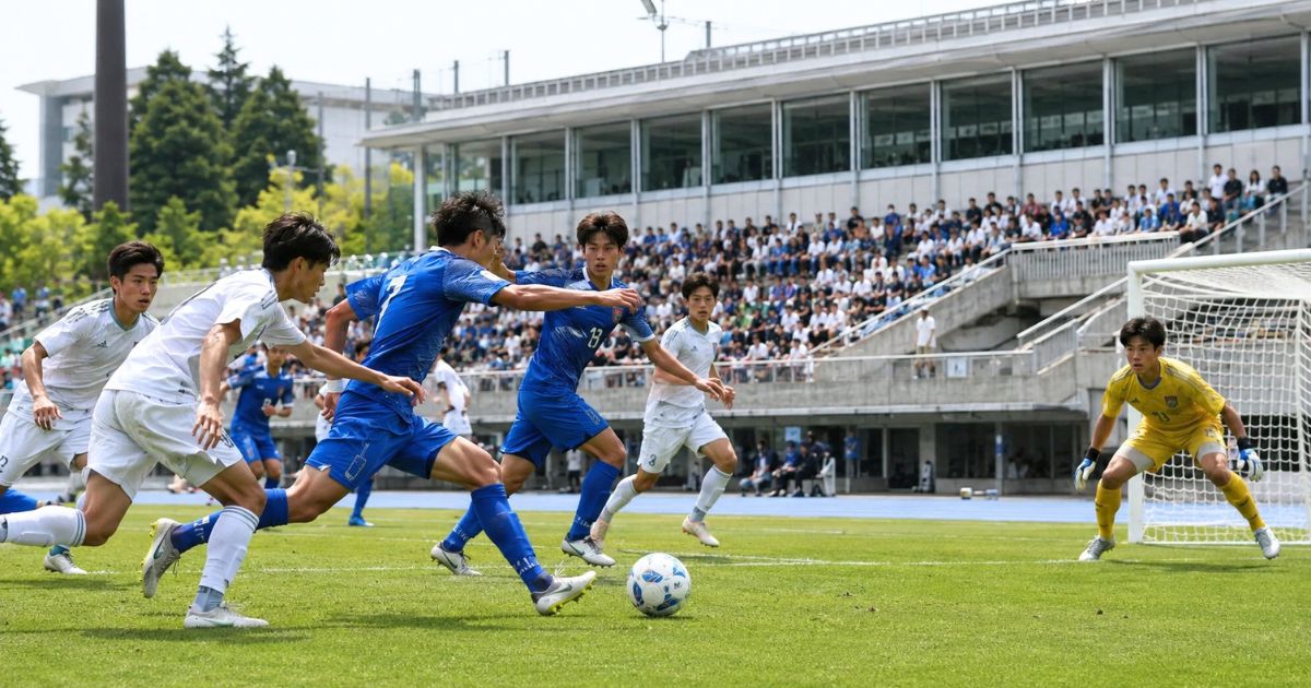 総理大臣杯の大学サッカーで、ゴール前からシュートを狙う選手と守備陣