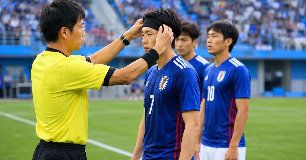 サッカーの試合前に、主審がヘアバンドを着けた選手の安全性を確認している様子