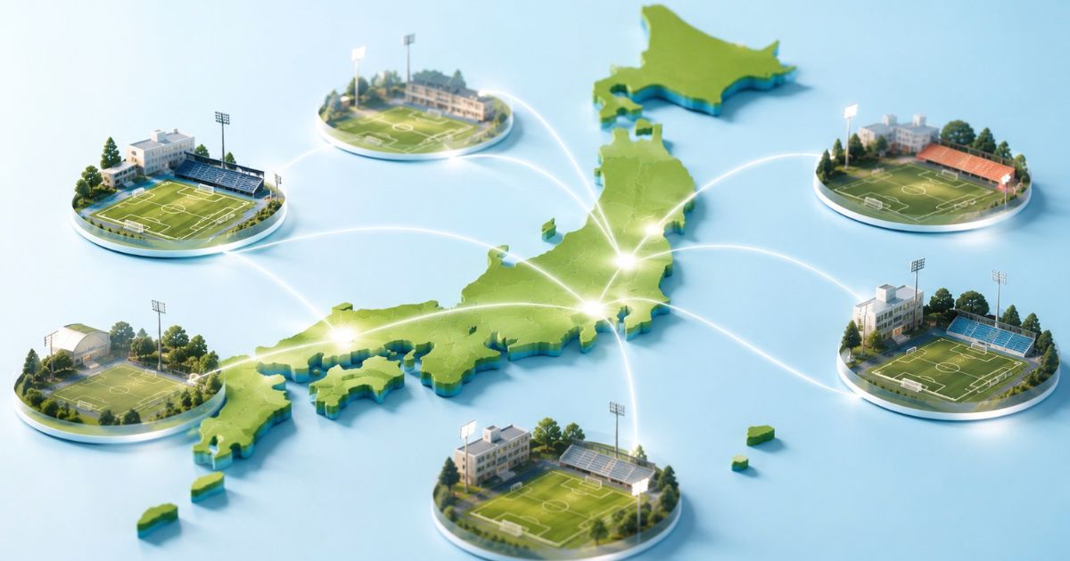 日本各地の大学サッカー場が地域ごとに分かれて運営される仕組みを表したイメージ