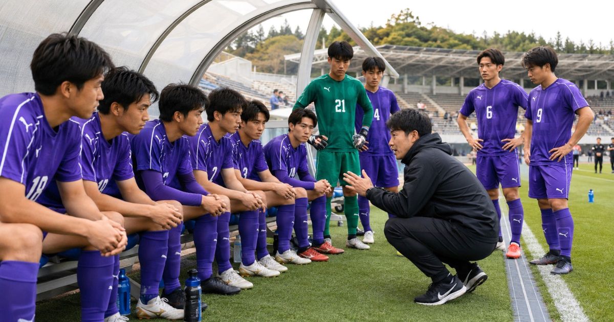 地域リーグの公式戦前、大学サッカーの選手たちがベンチで監督の話を真剣に聞くミーティングのシーン