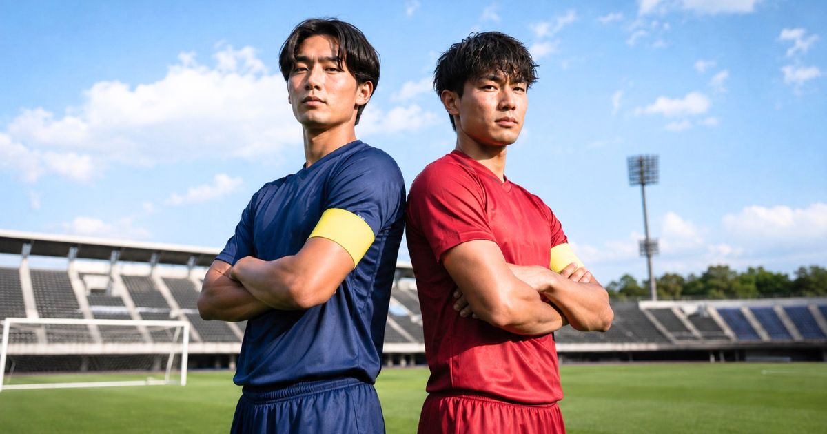 地域の異なる大学サッカーチームのキャプテン2人が、グラウンドを背景に背中合わせで腕組みし、斜め前を見据えるイメージ