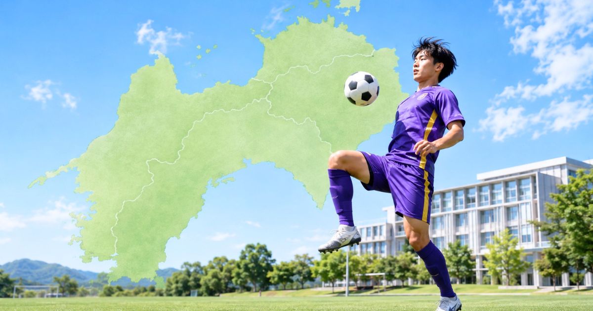 四国地方の地図を背景に、太ももでボールをコントロールする大学サッカー選手