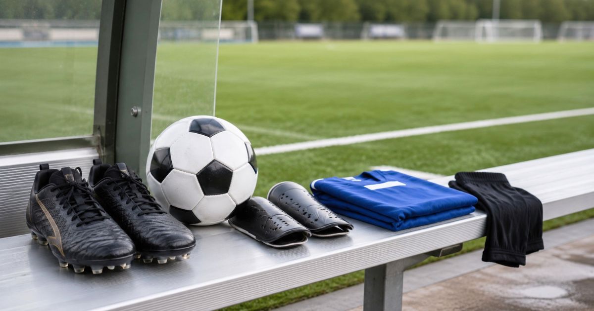 サッカー場のベンチに、試合前の用具確認に備えたスパイク、ボール、すね当て、ユニフォームが並ぶ様子