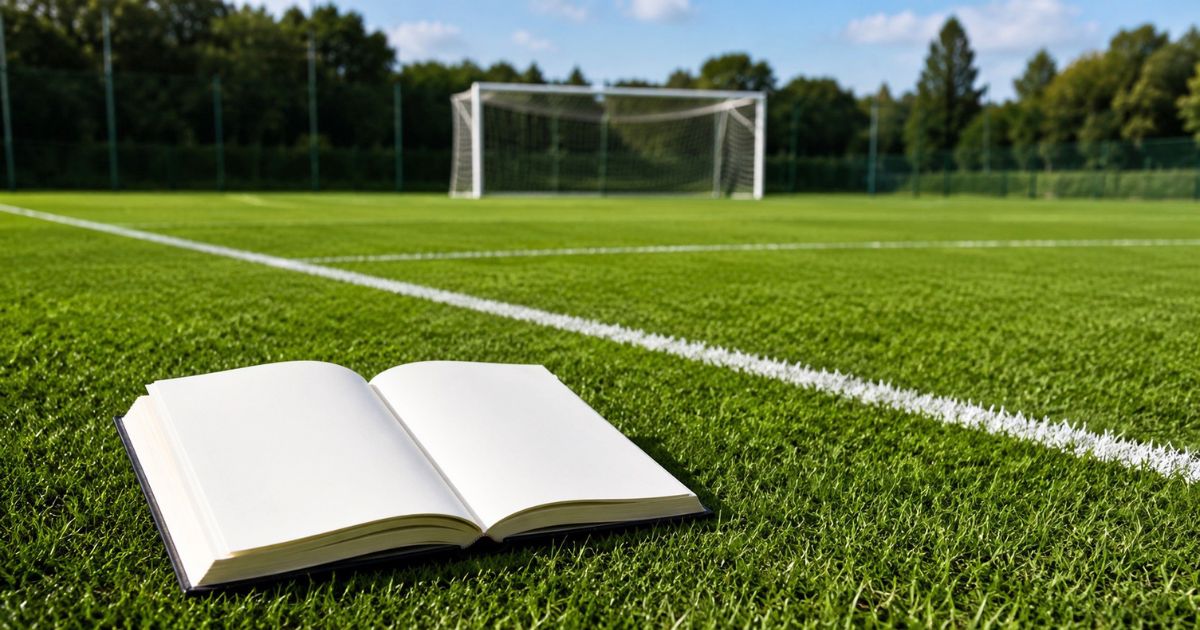 サッカー場の芝生の上に競技規則をイメージした開いた本が置かれ、奥にゴールが見えるシーン