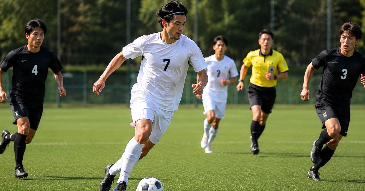 ヘアバンドを着けた選手が、審判と相手選手が見守る中でドリブルするサッカーの試合