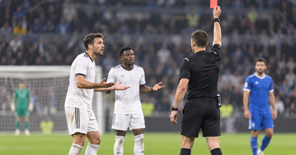 サッカーの試合で審判がレッドカードを提示し、選手たちが判定に反応している場面