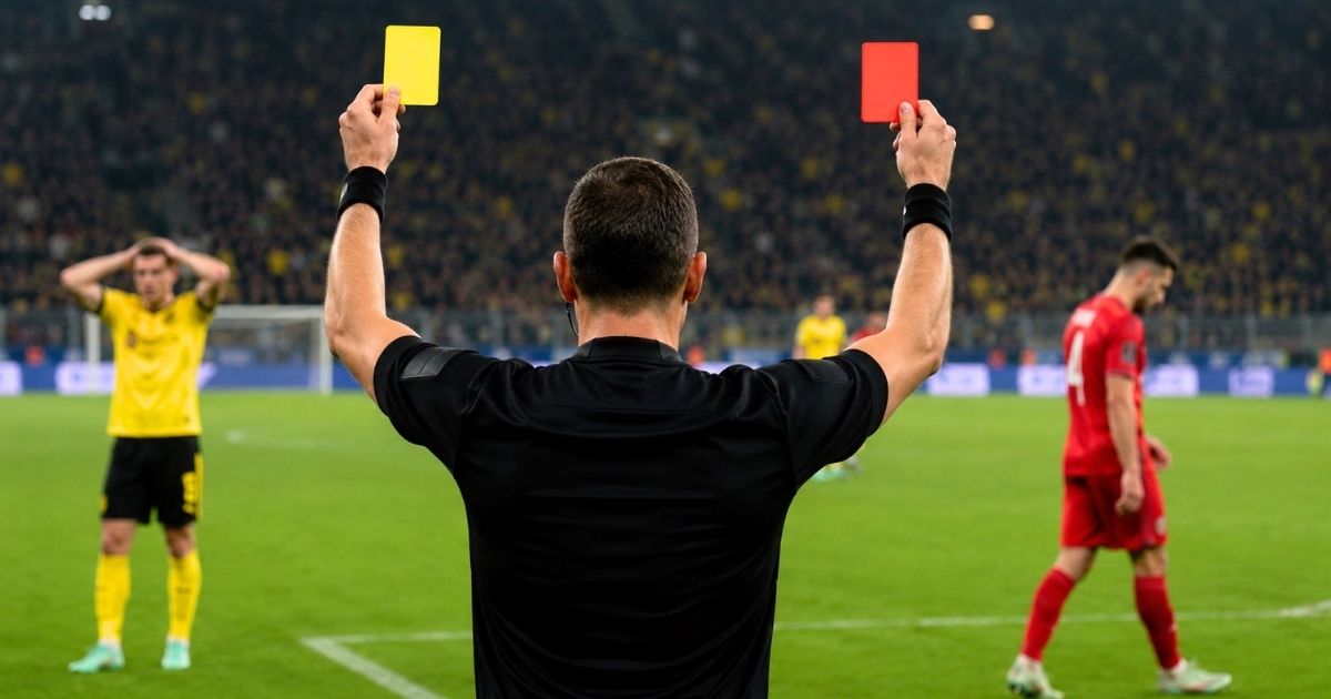 サッカー場で審判がイエローカードとレッドカードを掲げ、背景で選手が反応している場面