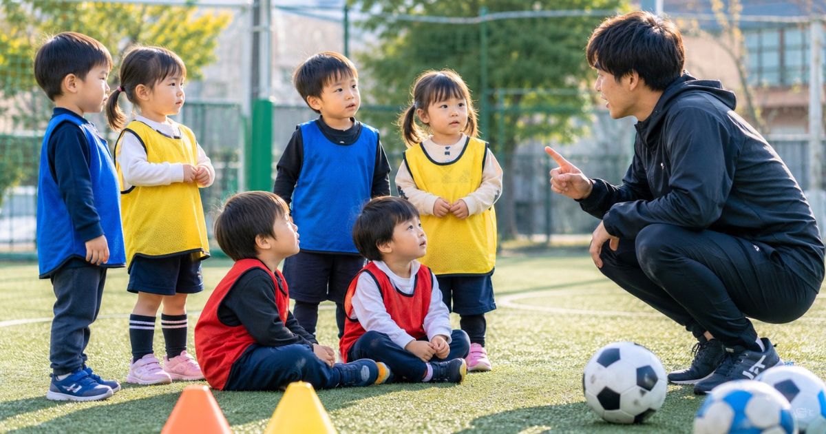 幼児向けサッカースクールで3歳くらいの子どもたちがコーチの話を聞いている練習前の風景