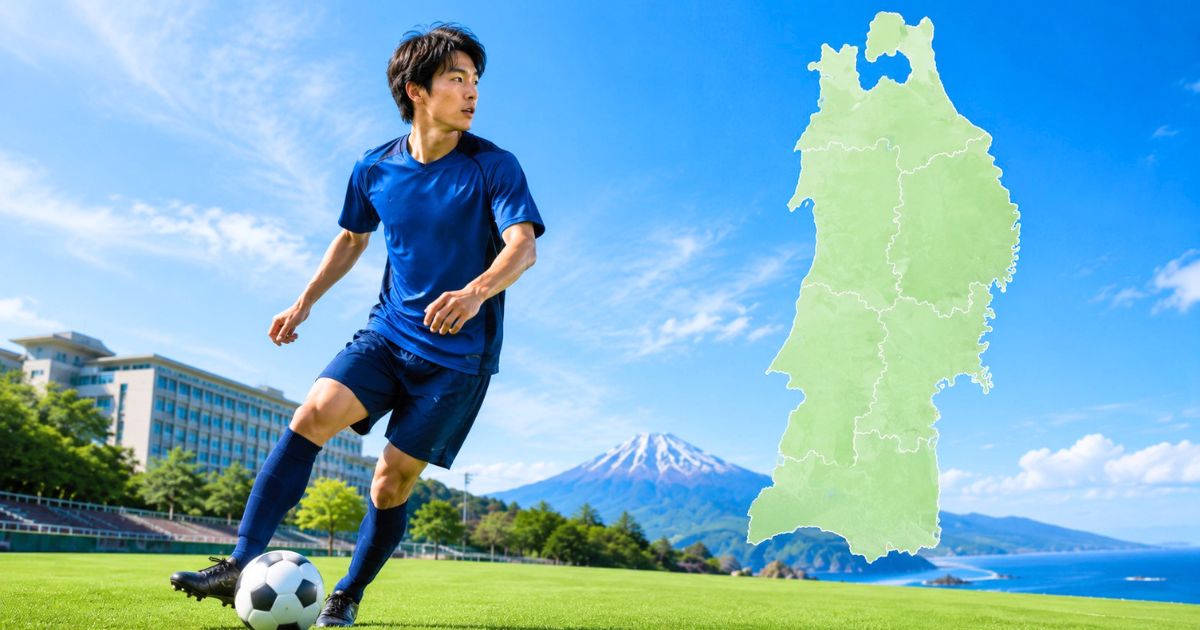 東北地方の地図を背景に、ボールを止めて周囲を確認する大学サッカー選手
