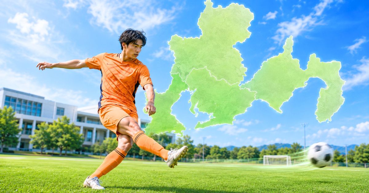 東海地方の地図を背景に、ボールを鋭く蹴り出す大学サッカー選手