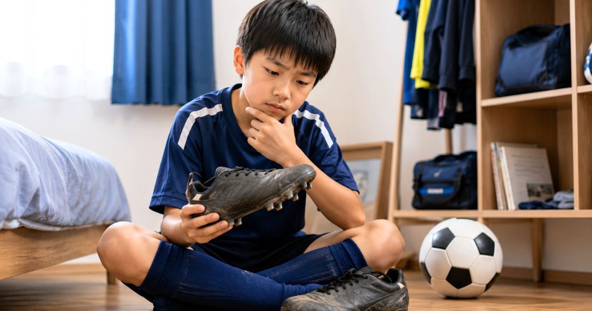 自室で足に合わなくなったサッカースパイクを手に取り、買い替えを考えるU-12年代の日本人サッカー少年