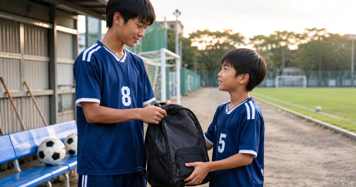 サッカーグラウンド脇で先輩選手からリュックを譲り受けるU-12年代の少年サッカー選手