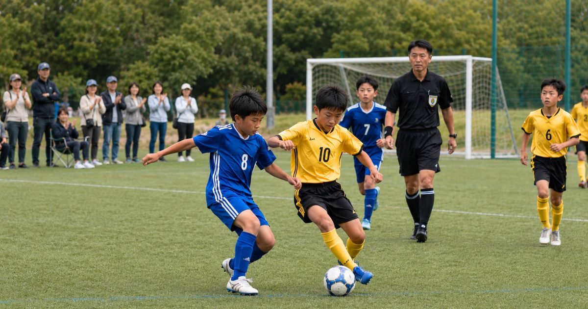 U-12年代の少年サッカーの試合でボールを競り合う選手と審判、ピッチ外から応援する保護者
