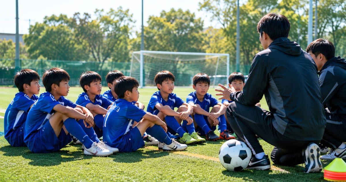 サッカーグラウンドで体育座りをし、コーチの説明を聞く青いユニフォーム姿のU-12年代の少年サッカー選手たち