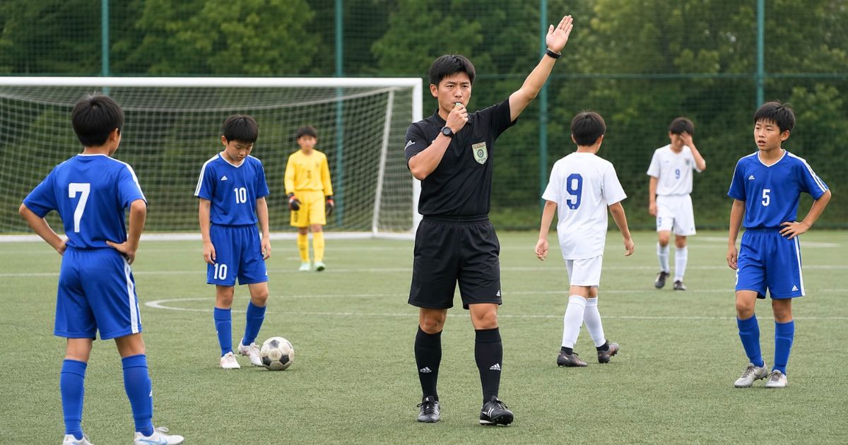 U-12年代の少年サッカー試合終了時に、審判が笛を吹いて合図し、選手たちがプレーを止める場面