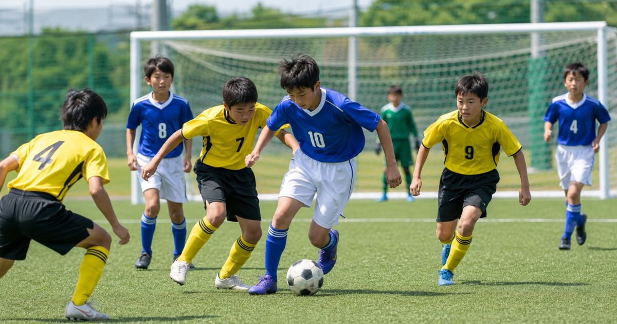 ゴール前でボールを奪い合う青と黄色のユニフォーム姿のU-12少年サッカー選手たち
