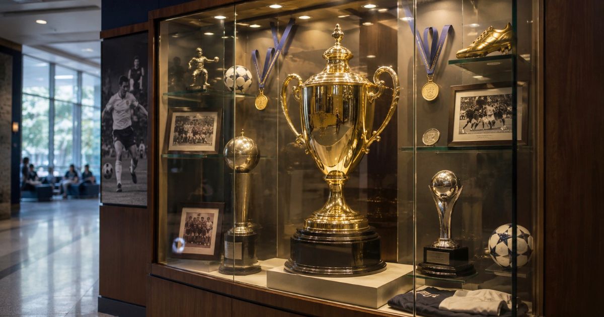 大学のショーケースに、総理大臣杯の優勝カップをイメージした大型トロフィーやサッカー関連の記念品が並ぶ展示風景