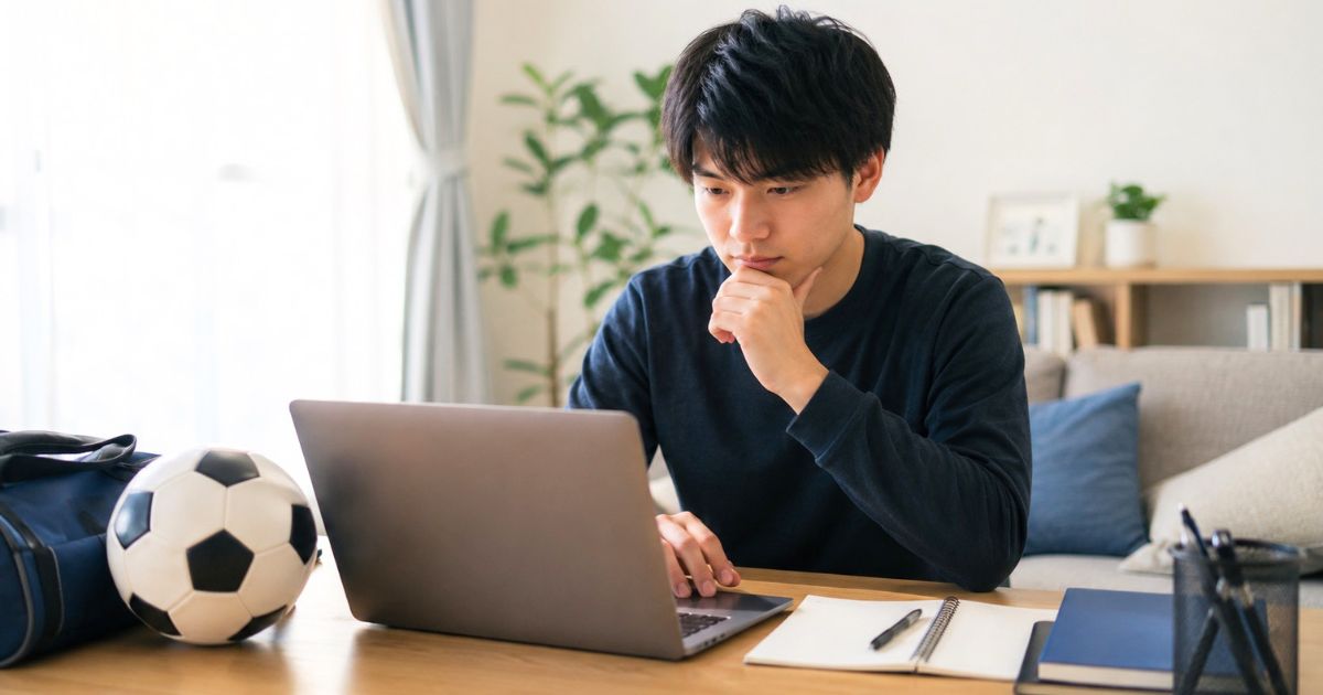 自宅のリビングでノートパソコンを見ながら大学サッカーの情報を調べる入部希望者
