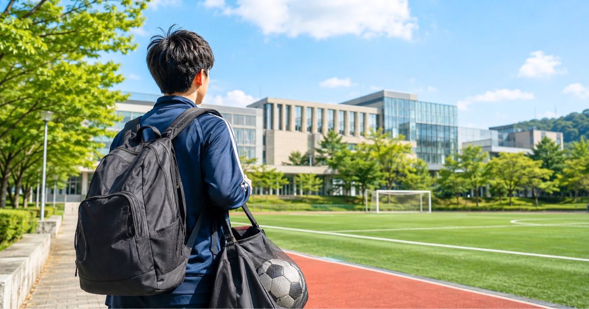 大学の校舎とサッカー場を前に、サッカー部への入部を目指す学生の後ろ姿